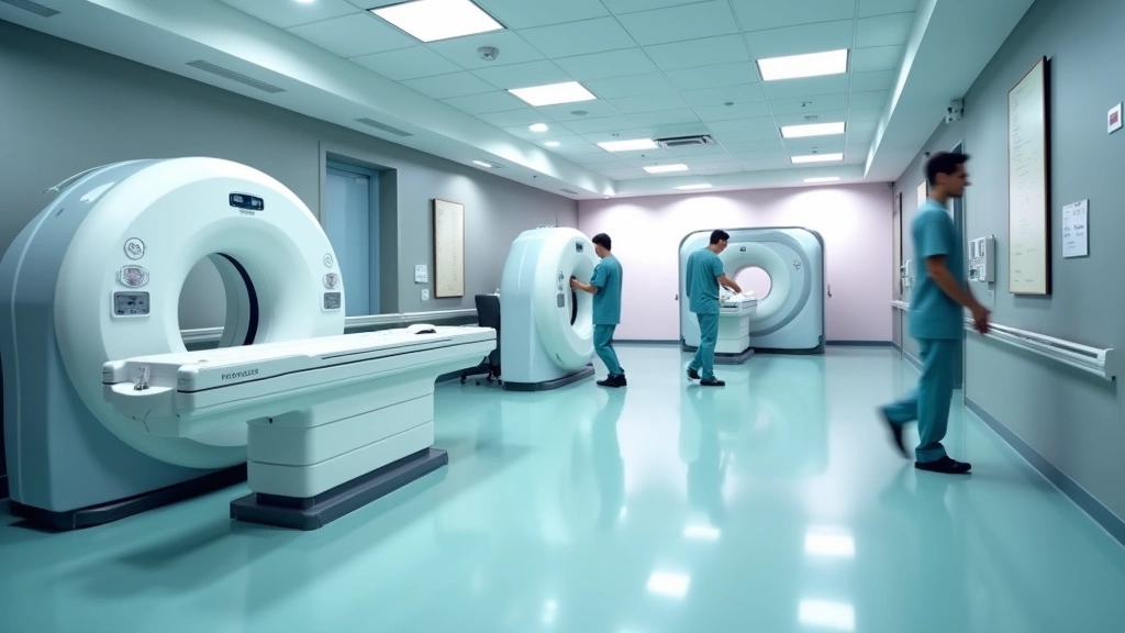 Modern hospital imaging center hallway with multiple imaging modalities visible including MRI machine entrance, CT scanner room, and digital radiography suite, professional healthcare environment with clinical staff in motion