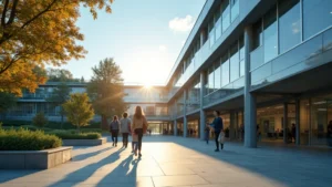 Modern university campus building with glass architecture and students walking with laptops, natural daylight, professional photography