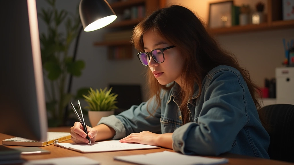 Close-up of student studying at desk with computer and notebooks, warm lighting, focused expression, realistic detail
