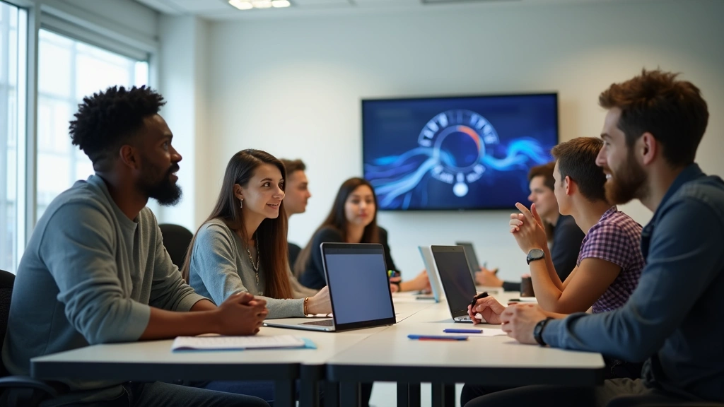 Diverse group of students collaborating in modern classroom with technology displays, engaged discussion, bright environment