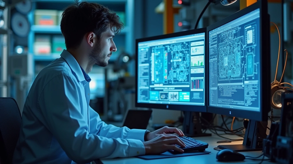 Professional engineering student working at modern computer workstation with dual monitors, circuit board blueprints visible, focused concentration, realistic laboratory setting with technology equipment