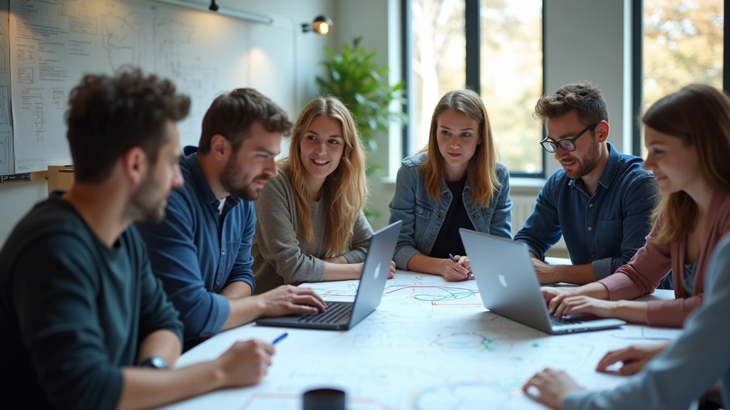 Diverse group of young engineering professionals collaborating around a large design table with laptops and technical drawings, natural lighting, modern university research facility aesthetic