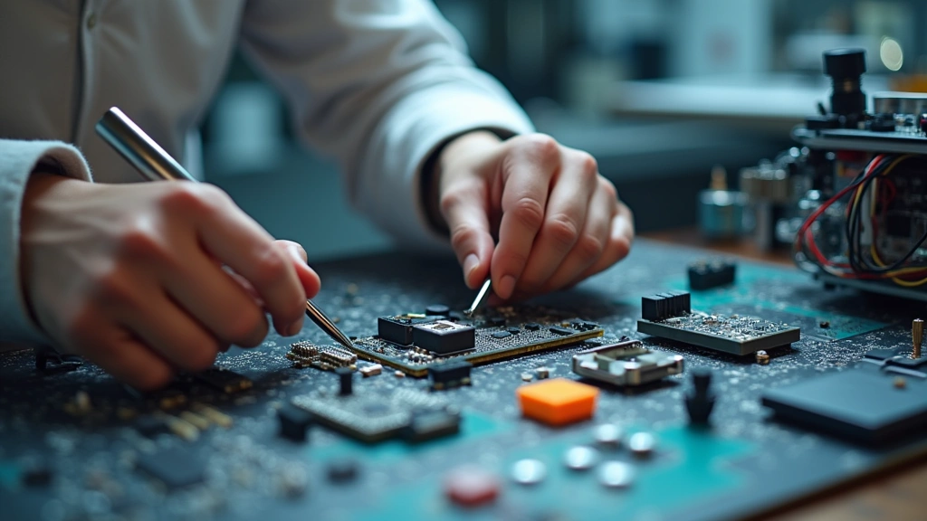 Close-up of hands assembling advanced robotics project with precision tools, microcontrollers and electronic components, bright workshop environment with technical equipment visible in background