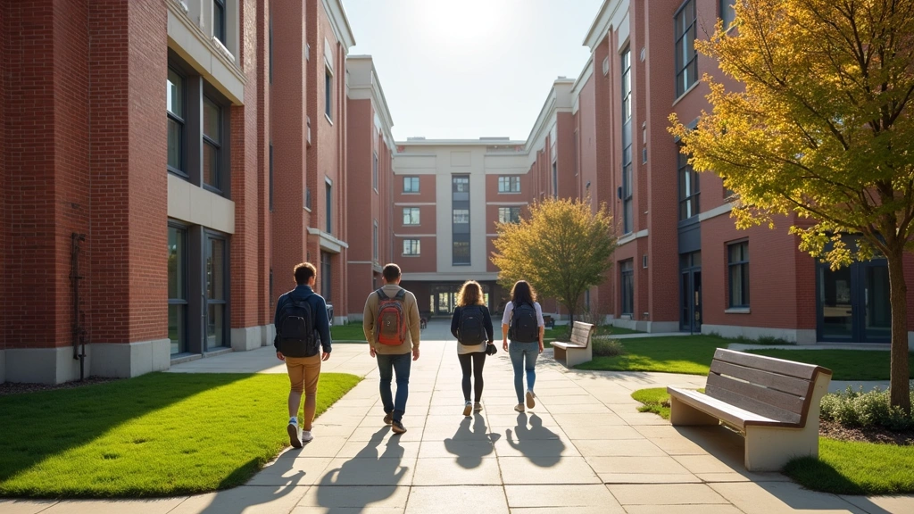 Modern university campus with red brick buildings, students walking between classes with laptops and backpacks, natural sunlight, professional photography, no logos or text visible