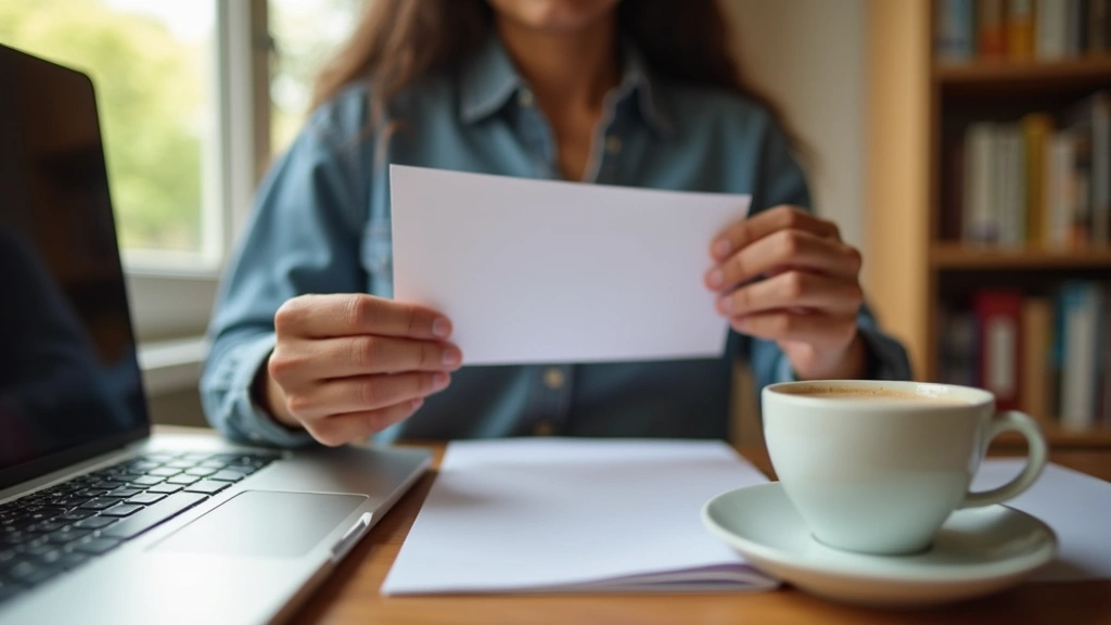 Close-up of student hands holding acceptance letter envelope, sitting at desk with laptop and coffee cup, warm lighting, genuine emotion, professional stock photo style