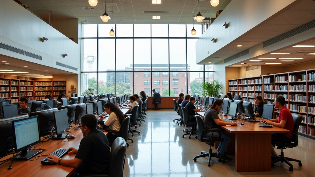 Texas Tech campus library interior with students studying at tables with computers, tall windows with natural light, modern architecture, no visible book spines or signage