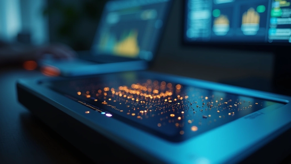 Close-up of modern braille display device with 40 braille cells, wireless connectivity indicator lights, professional tech workspace background, realistic lighting on tactile elements