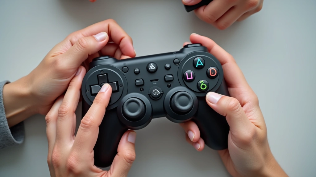 Overhead shot of adaptive gaming controller with customizable buttons and switches arranged in accessible configuration, hands with various abilities using different input methods, neutral background