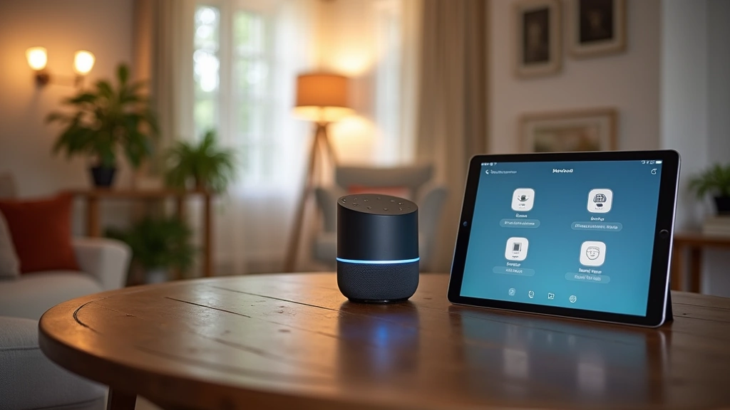 Smart home accessibility setup showing voice-controlled smart speaker, smart lights, automated door lock system, and tablet interface displaying home automation controls, modern living room setting