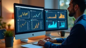 Professional accountant using modern accounting software on a desktop computer with multiple monitors displaying financial dashboards and data charts, sleek office environment, warm lighting, photorealistic