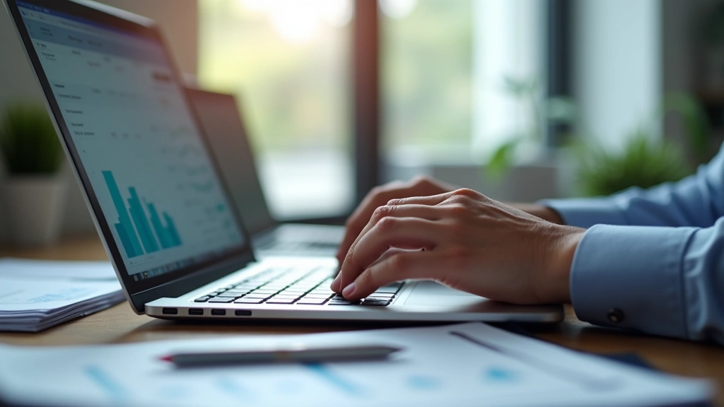 Close-up of hands typing on laptop keyboard with accounting spreadsheet visible on screen, organized desk with financial documents, professional workspace, focused expression, photorealistic