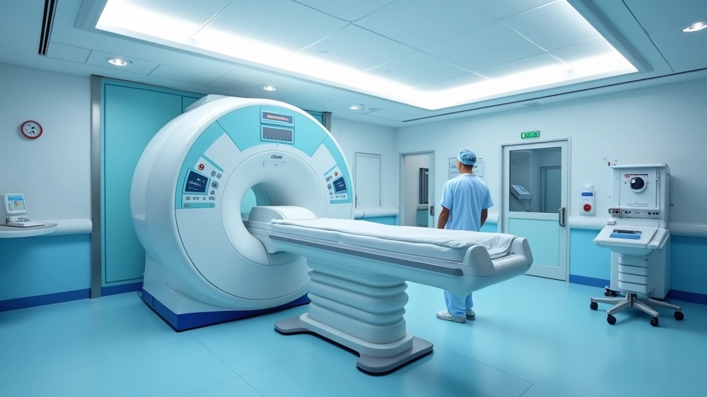 Modern MRI machine in clinical hospital setting with blue and white imaging equipment, technician operating control panel, clean medical facility interior