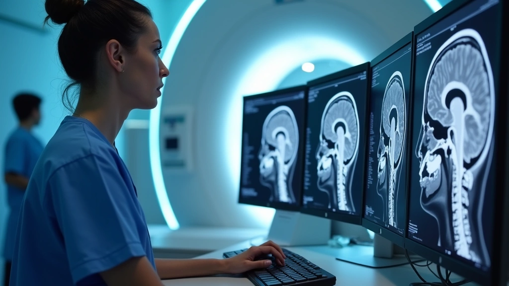 Medical imaging technologist in scrubs working at advanced MRI control console with multiple computer monitors displaying brain scan images, professional healthcare environment