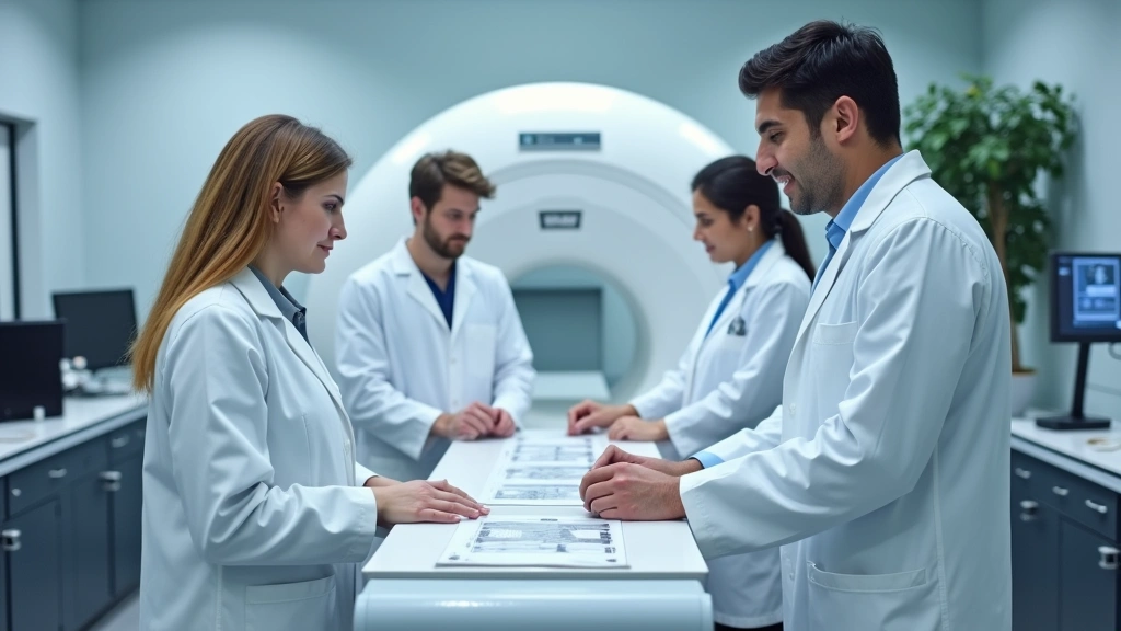 Students in white coats performing hands-on training with MRI equipment in accredited program laboratory, clinical education setting with modern diagnostic imaging technology