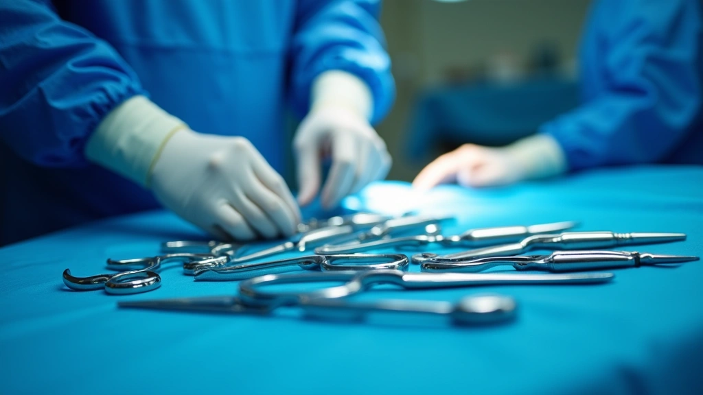 Close-up of surgical technologist's gloved hands arranging sterile surgical instruments on blue surgical drape with surgical lights overhead and operating room background blurred