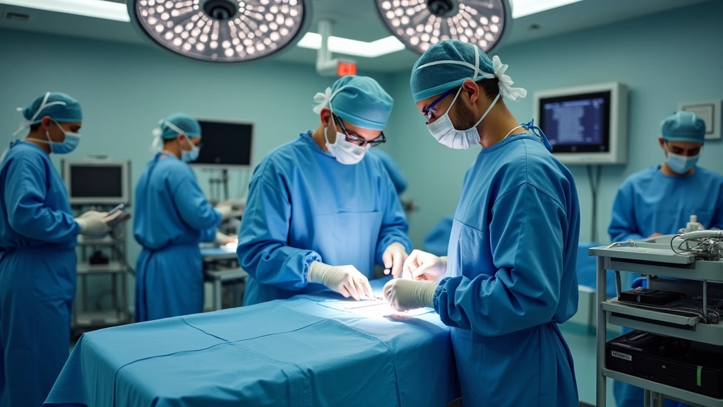 Surgical technologist in full sterile attire preparing surgical field with instruments, trays, and equipment in modern operating room with monitors and surgical lights visible