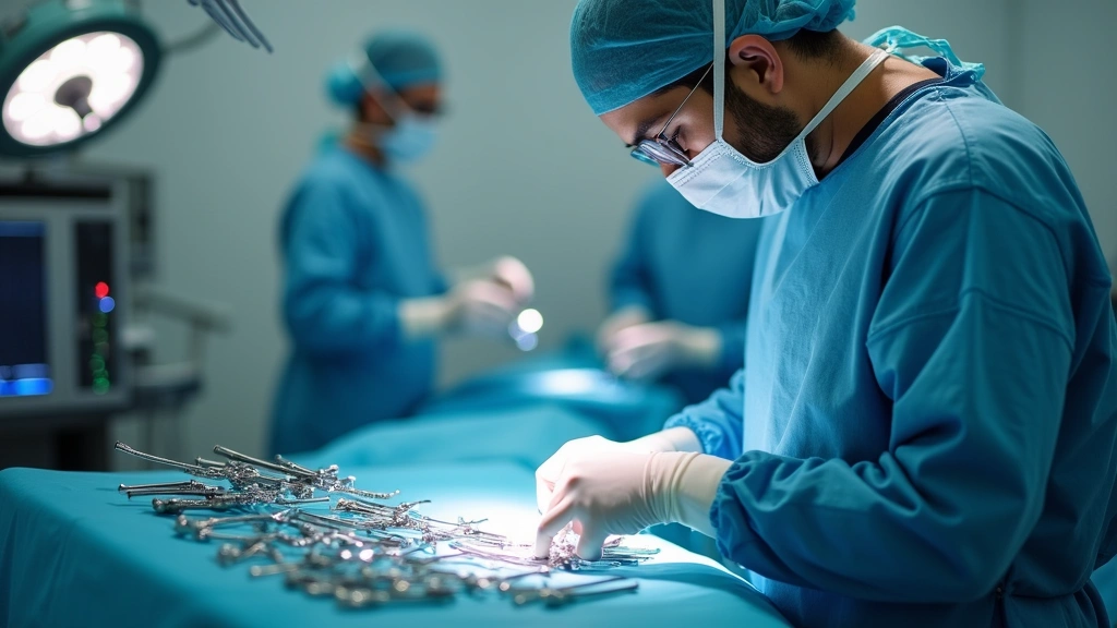 Professional surgical technologist in sterile gown and mask carefully organizing surgical instruments on sterile Mayo stand during operating room case preparation