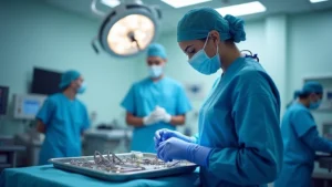 Surgical technologist in sterile blue scrubs and surgical mask preparing surgical instruments on a metal tray in a bright, modern operating room with overhead lights