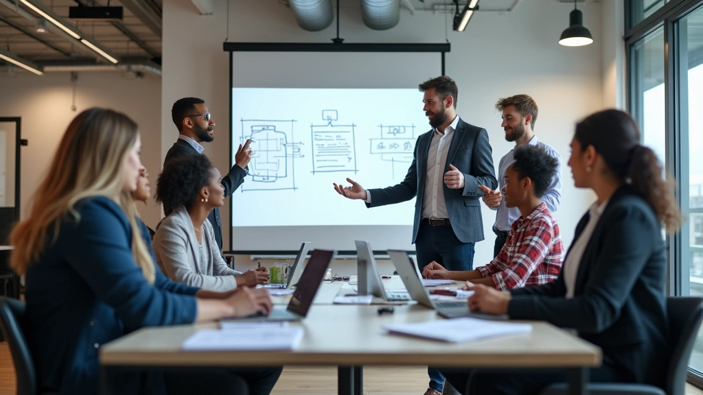 Team of diverse software engineers collaborating in contemporary office space with whiteboard diagrams, laptops, and modern technology setup visible in background