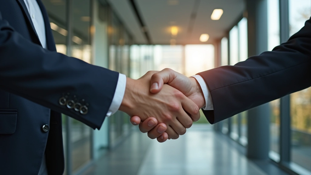 Close-up of professional handshake between recruiter and candidate in modern glass-walled office meeting room, professional attire, warm lighting, successful hiring moment