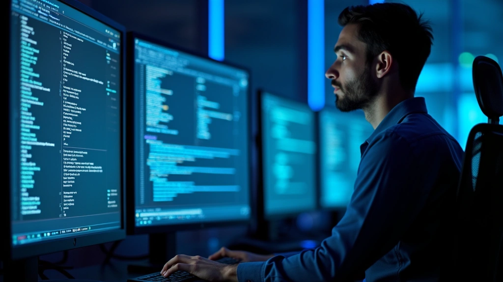 Professional cybersecurity analyst monitoring multiple computer screens displaying network traffic and security alerts in a modern SOC environment with blue ambient lighting