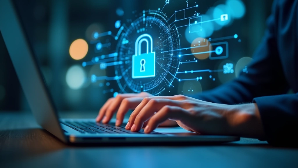 Close-up of hands typing on keyboard with holographic security icons and network diagrams floating above, representing penetration testing and threat analysis work