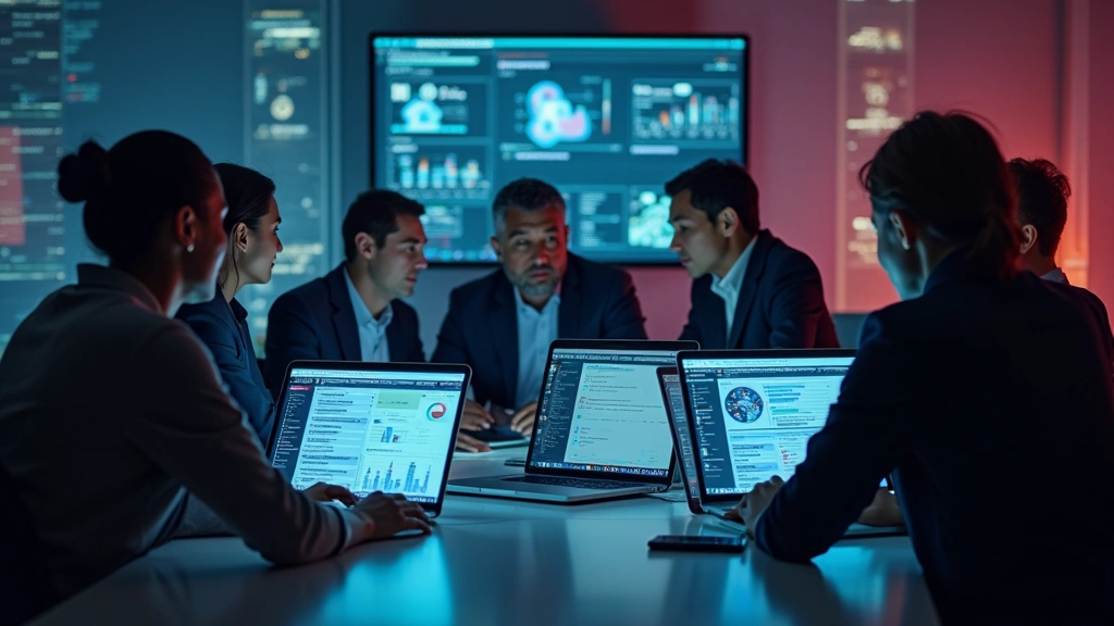 Diverse team of cybersecurity professionals collaborating around a table with laptops showing security dashboards, incident response data, and vulnerability assessment reports