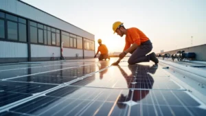 Solar panel installation on industrial rooftop with technicians in safety gear, bright sunlight, modern manufacturing facility in background, photorealistic detail, clean energy technology deployment