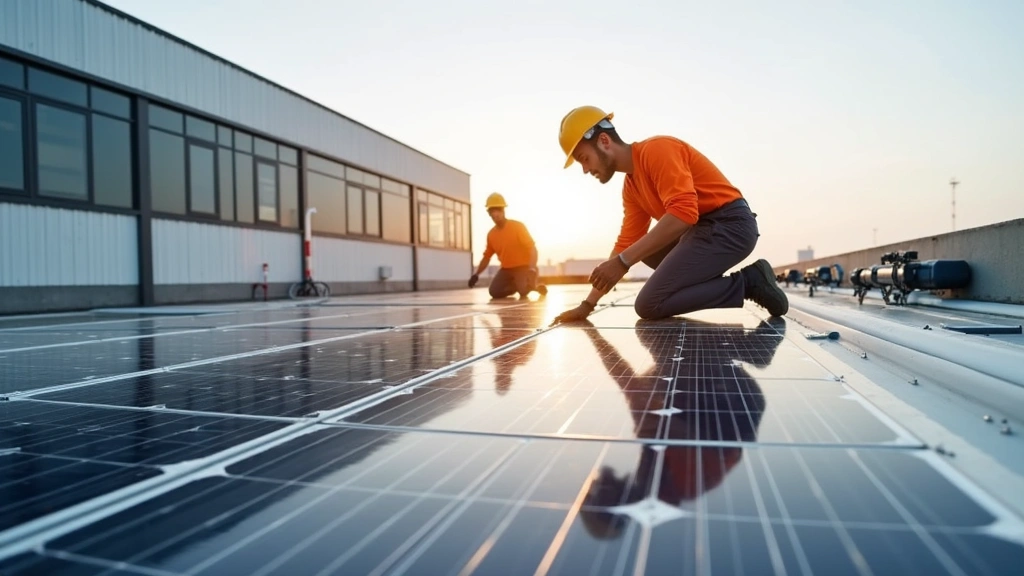 Solar panel installation on industrial rooftop with technicians in safety gear, bright sunlight, modern manufacturing facility in background, photorealistic detail, clean energy technology deployment