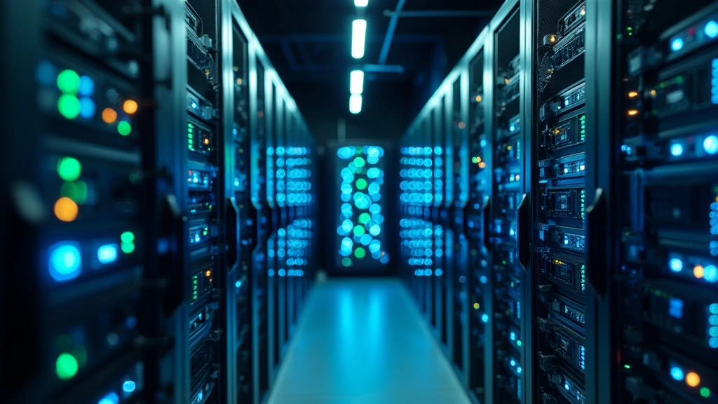 Data center server room with glowing blue and green indicator lights, cables organized in racks, representing climate monitoring and carbon tracking technology infrastructure, professional environment