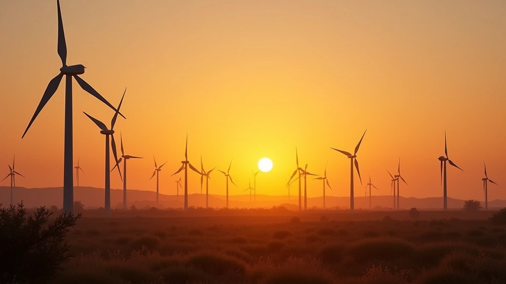 Wind turbine farm at sunset with multiple turbines spinning, golden hour lighting, landscape view showing renewable energy scale, photorealistic atmospheric perspective, clean energy generation