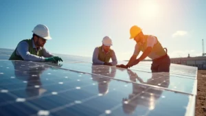 Solar panel array installation with technicians examining photovoltaic cells under bright sunlight, industrial renewable energy facility