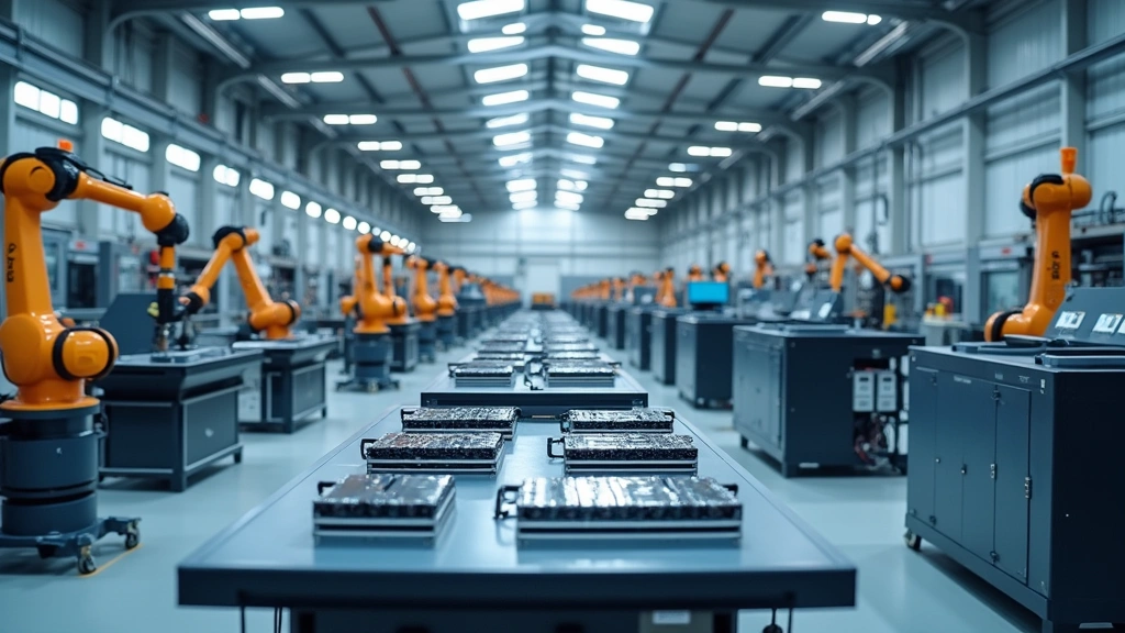 Advanced battery pack manufacturing facility with robotic assembly equipment and quality control testing stations, modern clean tech production