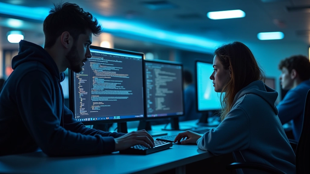 Modern university computer lab with students working at sleek workstations, bright LED lighting, multiple monitors, professional tech environment, no logos visible
