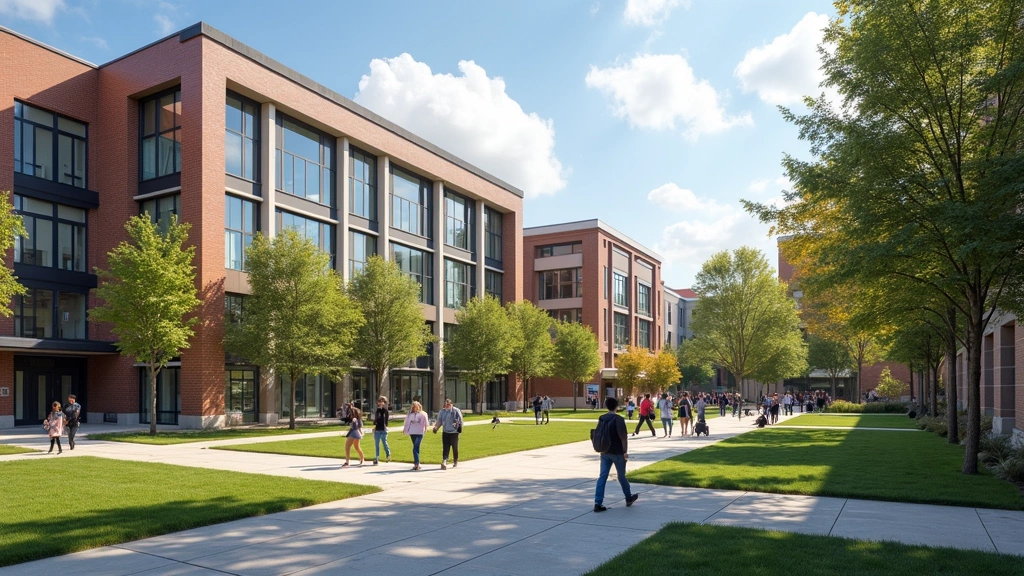 University campus quad with contemporary buildings and technology centers, students walking with laptops, outdoor learning spaces, natural lighting, architectural focus