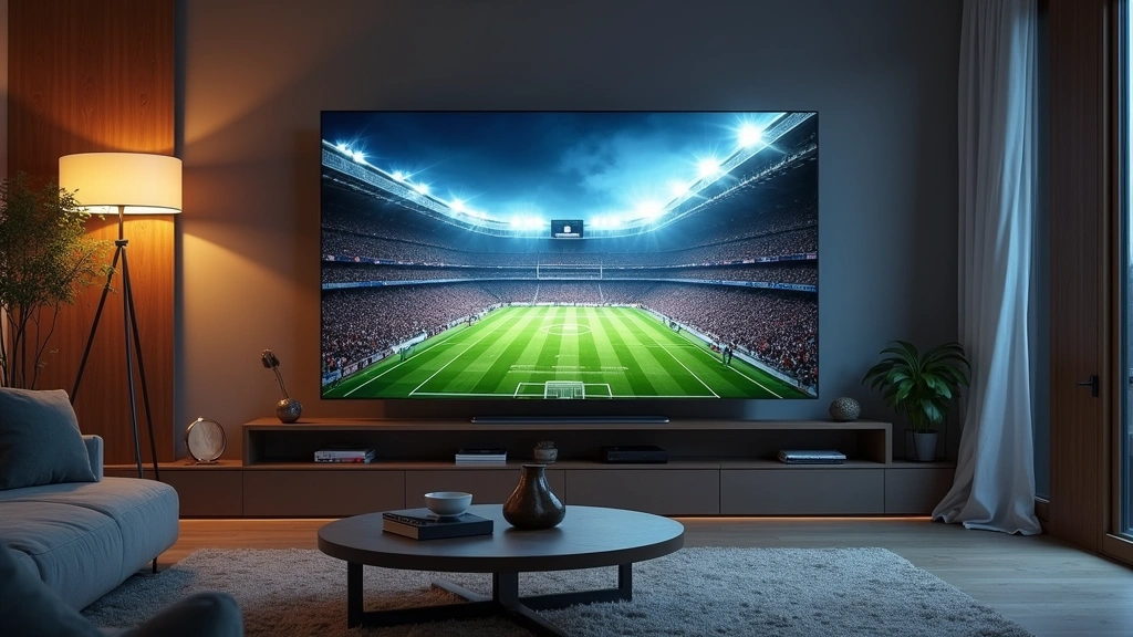 High-end 85-inch 4K OLED television in a modern living room with football game displayed, showing stadium action and crowd, professional lighting setup, no logos visible