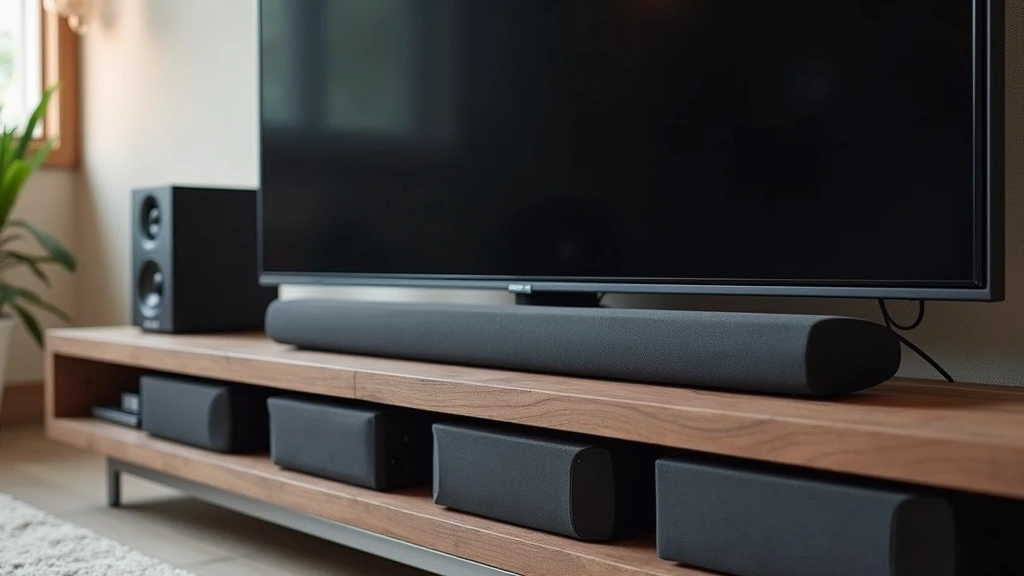 Premium Dolby Atmos soundbar mounted below television with multiple speaker units visible, surrounded by home theater equipment, clean cable management, modern aesthetic