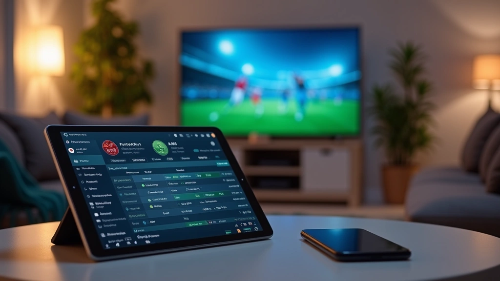 Smart home entertainment setup featuring tablet and smartphone displaying sports stats and real-time game data on table next to comfortable seating, large screen in background