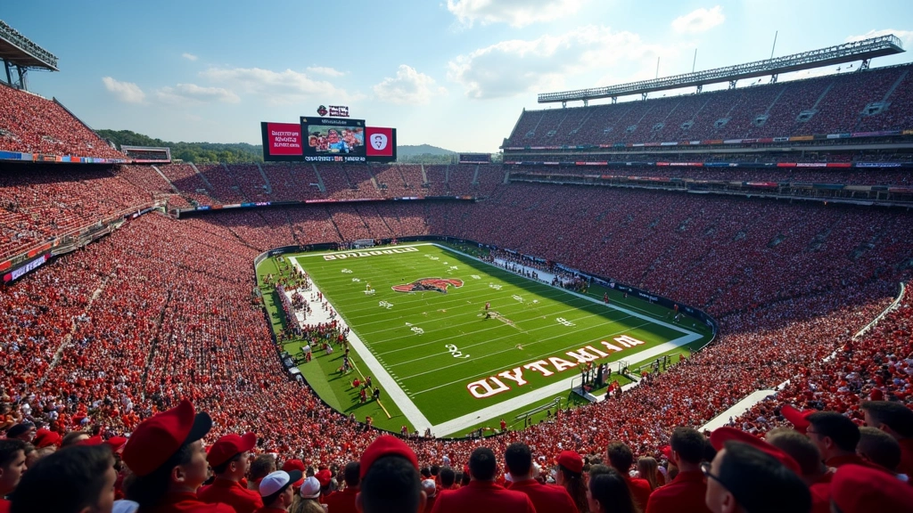 Overhead stadium view during daytime college football game with full stands, crowd energy visible, bright natural lighting, professional sports photography