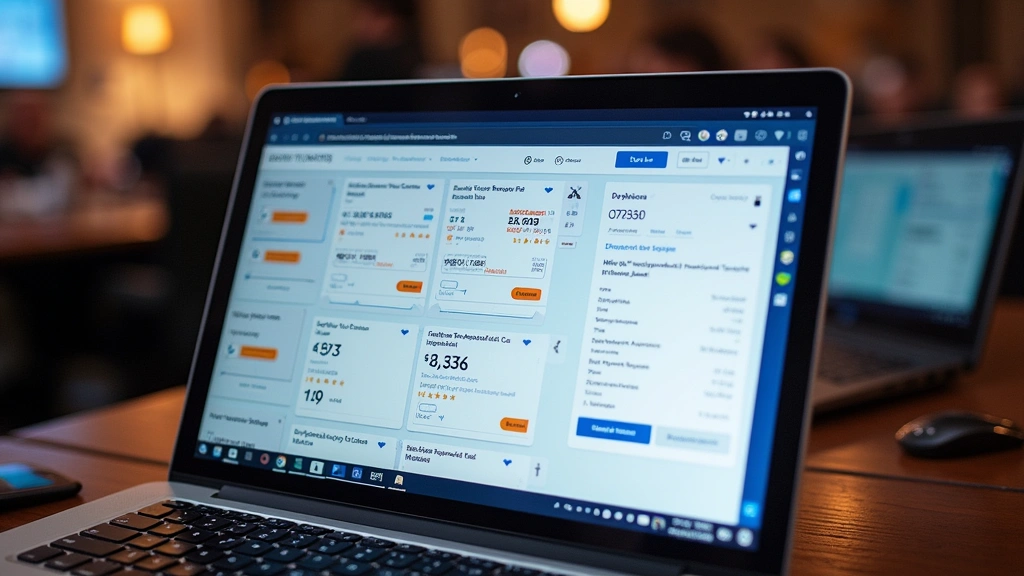 Crowded ticket marketplace interface on laptop screen showing multiple ticket listings, price comparisons, seller ratings, dynamic pricing indicators