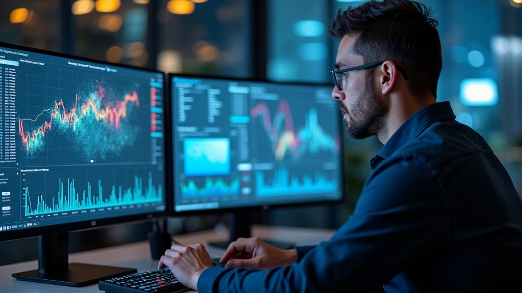 Professional digital marketing expert analyzing real-time programmatic advertising dashboard with complex data visualizations, heat maps, and performance metrics on multiple high-resolution computer monitors in modern office environment