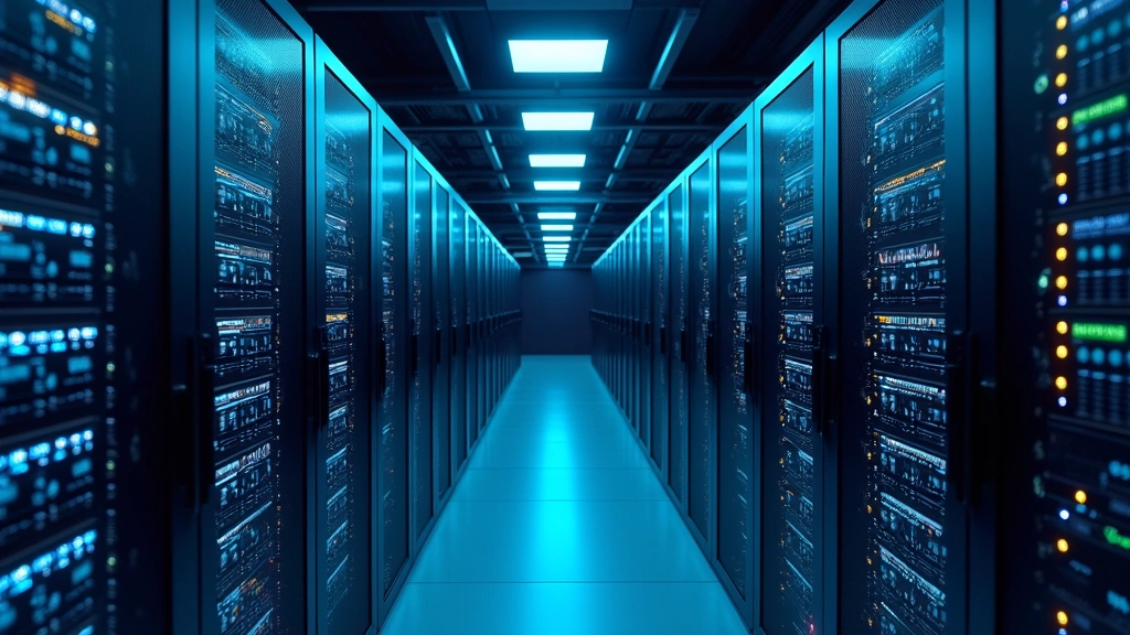 Data center infrastructure with rows of servers and networking equipment, representing the computational power and cloud infrastructure supporting modern ad tech platforms and real-time bidding systems