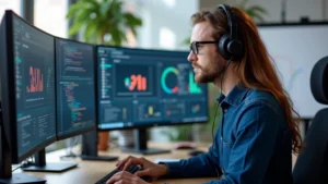 Professional developer working at desk with multiple monitors displaying accessibility testing dashboard, colorful charts and graphs visible, modern office environment, natural lighting