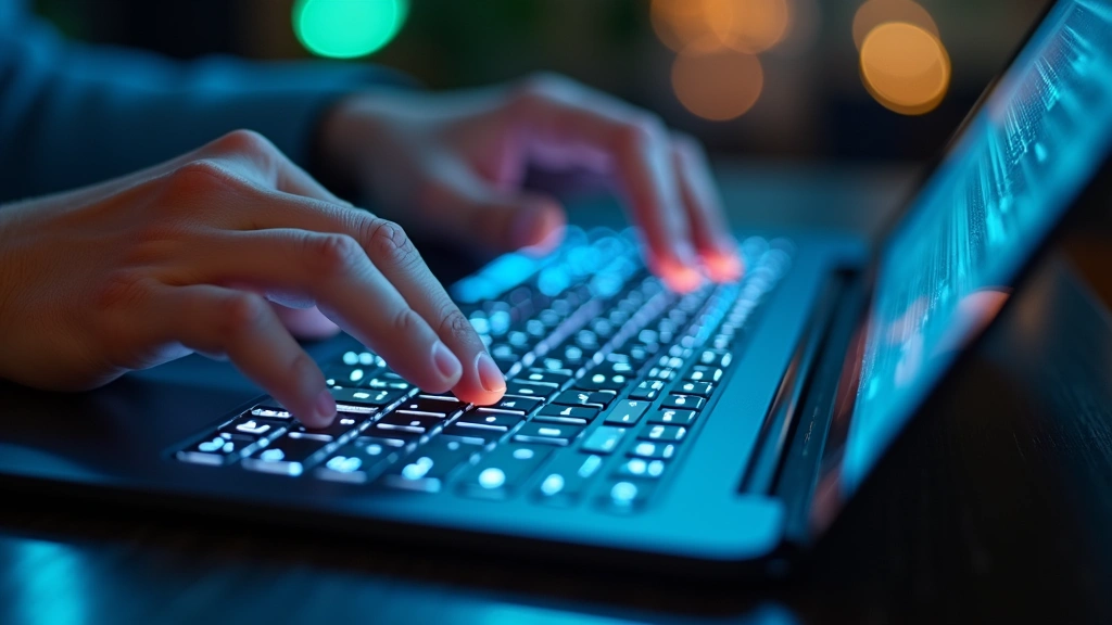 Close-up of keyboard with accessibility overlays and voice command interface visualization, hands positioned for ergonomic use, technology-focused composition