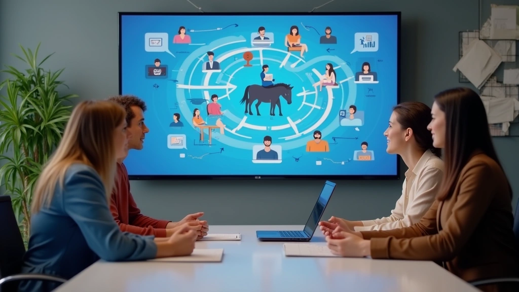 Team of diverse professionals collaborating around conference table with accessibility software displayed on large screen, inclusive workplace setting, modern technology integration visible