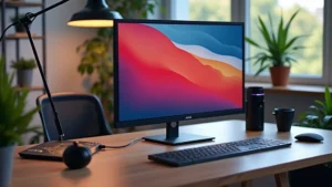 Professional tech workspace with Adam Tech flagship device displaying vibrant 4K display, minimalist aluminum chassis visible, modern office environment with soft natural lighting