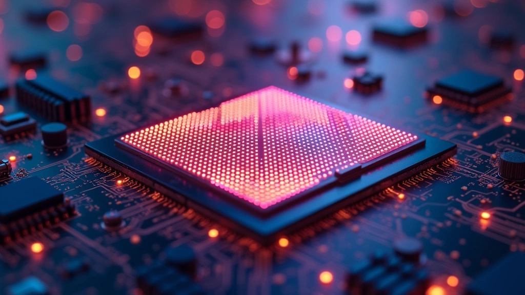 High-performance processor chip with intricate circuitry details, quantum dot display panel with vivid color gradient, advanced cooling heatsink assembly, technical precision photography