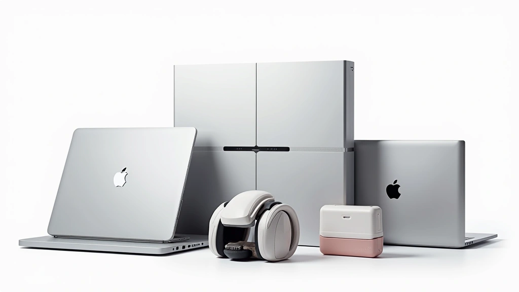 Adam Tech devices arranged in ecosystem display showing seamless integration, laptop with premium build quality, portable device with sleek design, modern tech aesthetic with clean white background