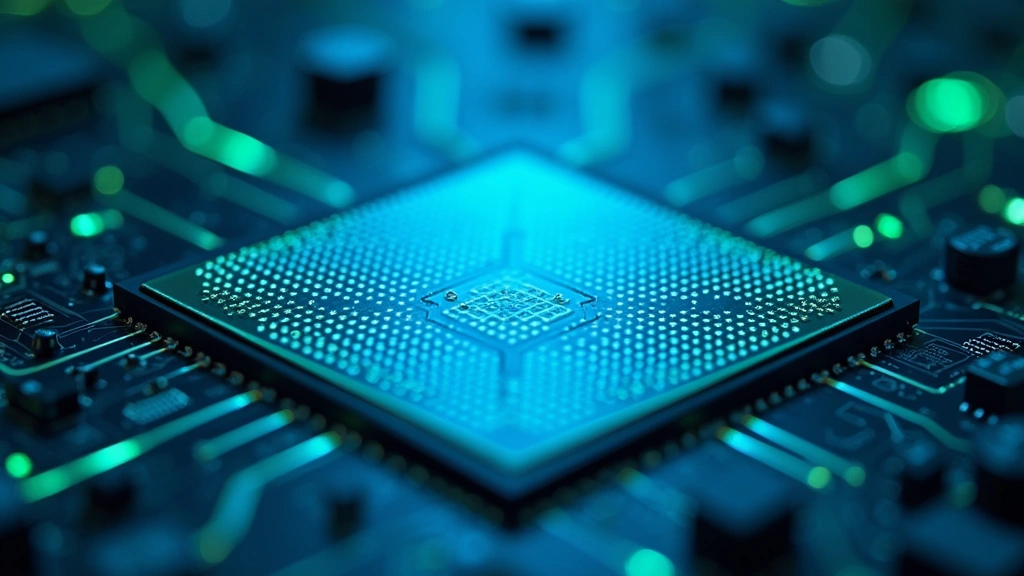Close-up of advanced microchip circuitry with blue and green light pathways, photorealistic semiconductor technology, laboratory precision engineering