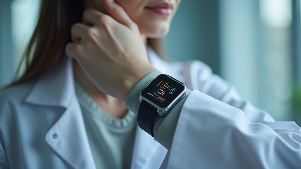 Sleek wearable health sensor device displaying vital signs, modern biomedical technology, metallic and white design, professional healthcare gadget